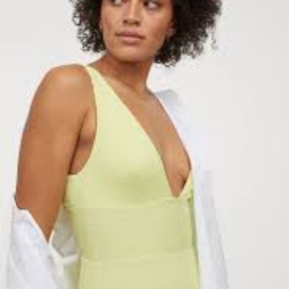 H&M High Leg Ribbed Swimsuit, Pale neon yellow